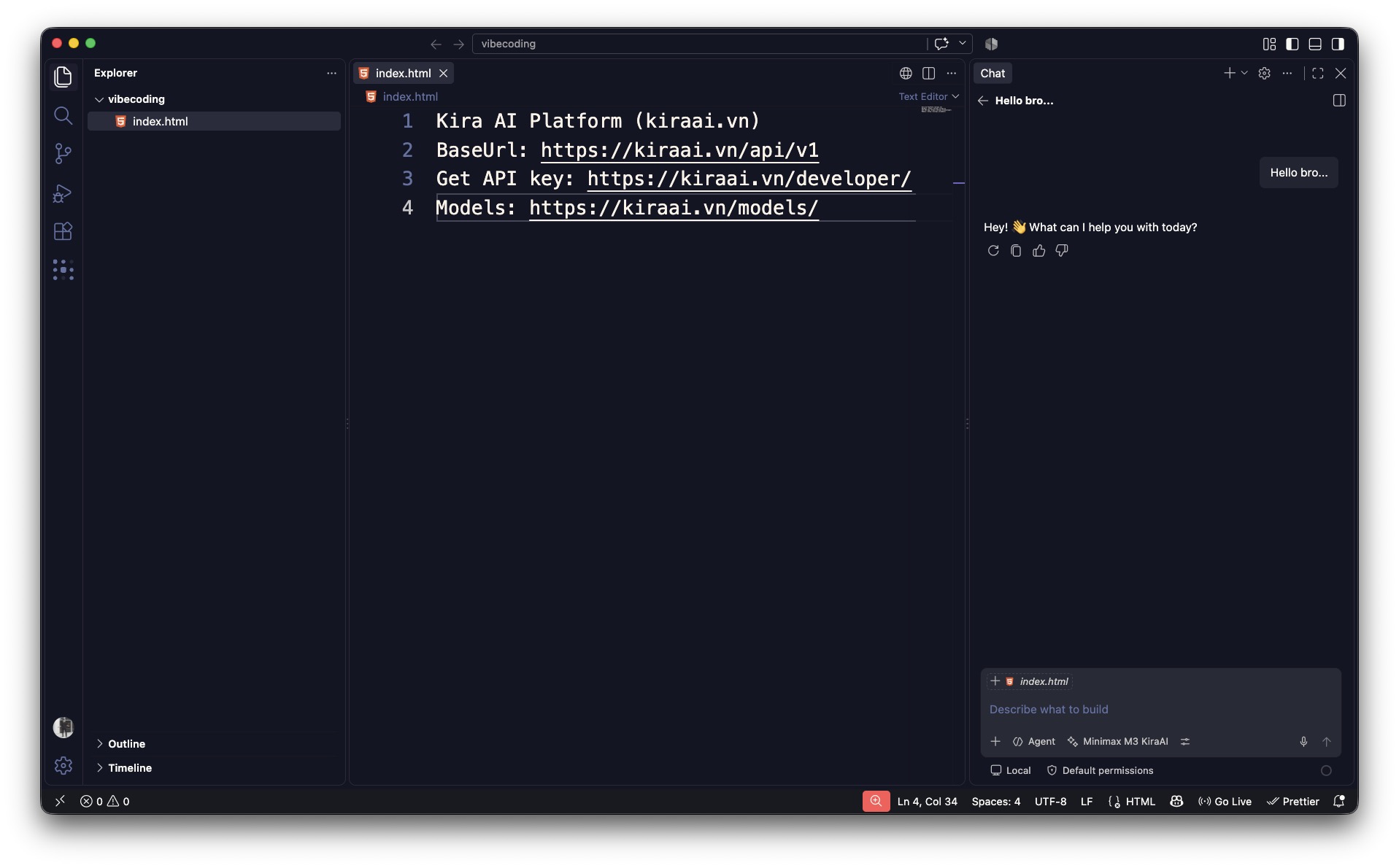 Chat thành công với Kira AI trong VS Code