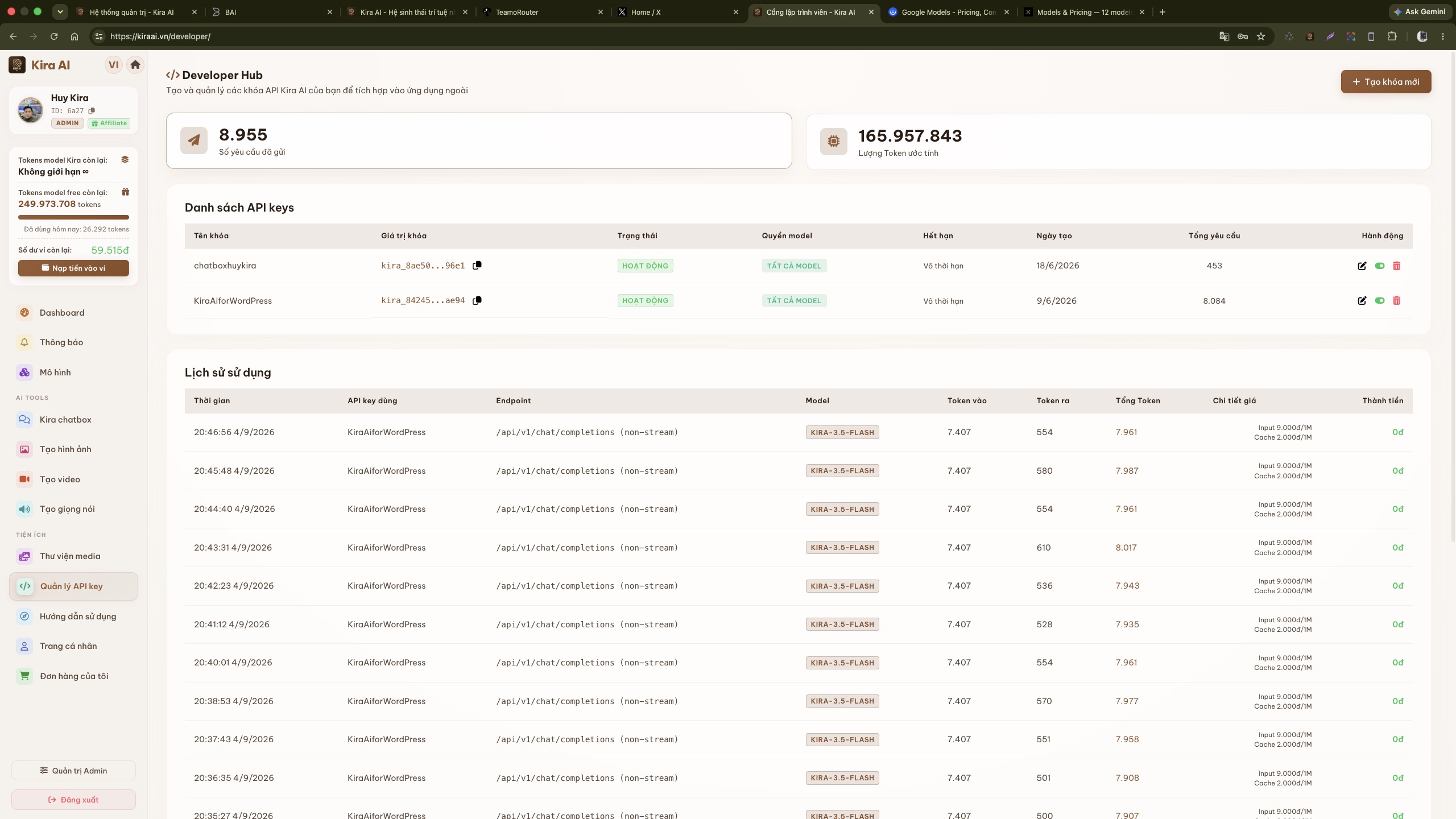 Lấy API Key tại Kira AI Developer Hub